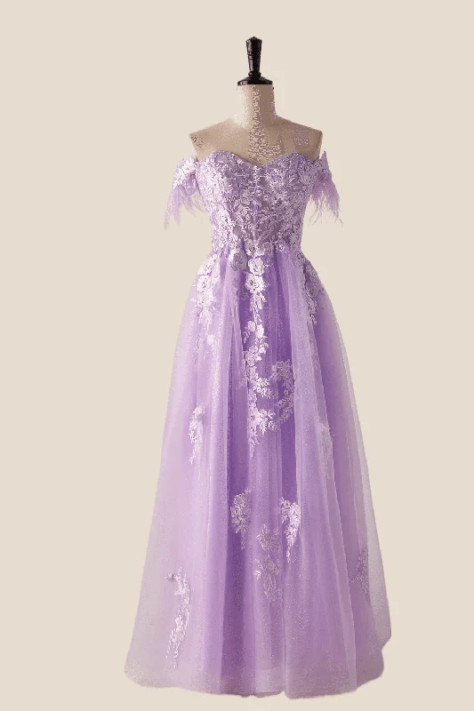 Formal Dress for Holiday PartiesOff the Shoulder Lavender Lace Appliques Long Formal Dress