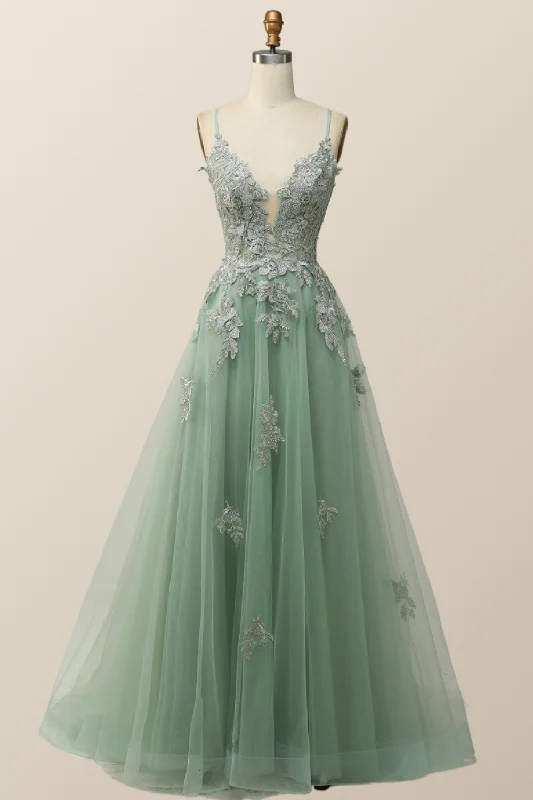 Formal Dress for Formal DancesSage Green V Neck Appliques Long Formal Dress