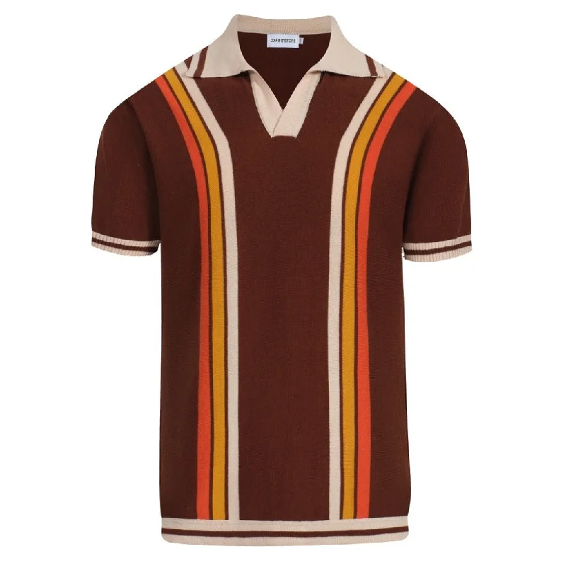 women's tops for evening soireesMen's orange, yellow and beige striped brown v-neck knitted polo shirt