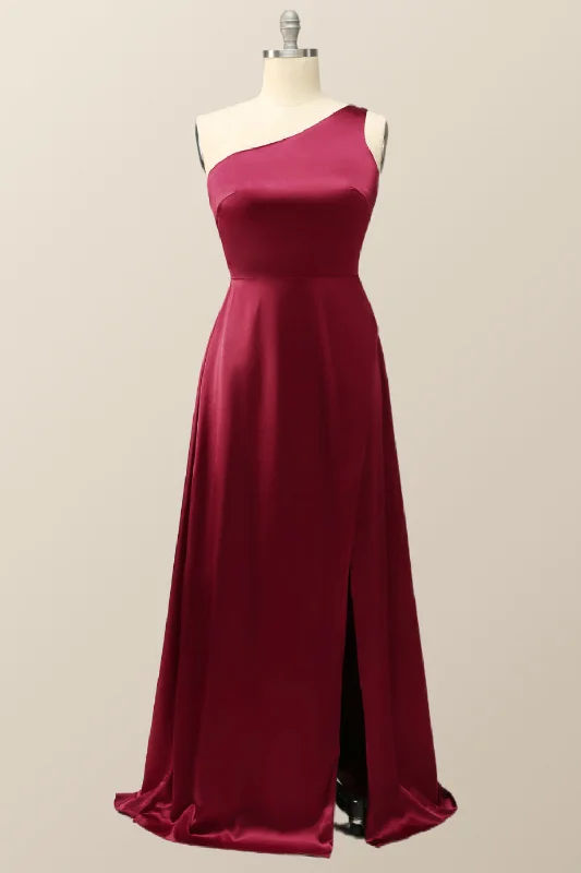 Formal Dress for DebutantesOne Shoulder Wine Red Satin A-line Formal Dress