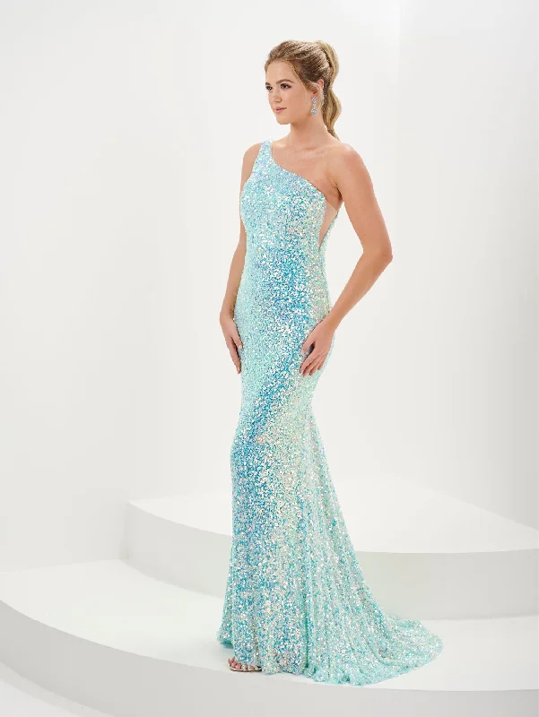 Formal Dress for Civil CeremoniesFitted Sequin One Shoulder Gown by Tiffany Designs 16114