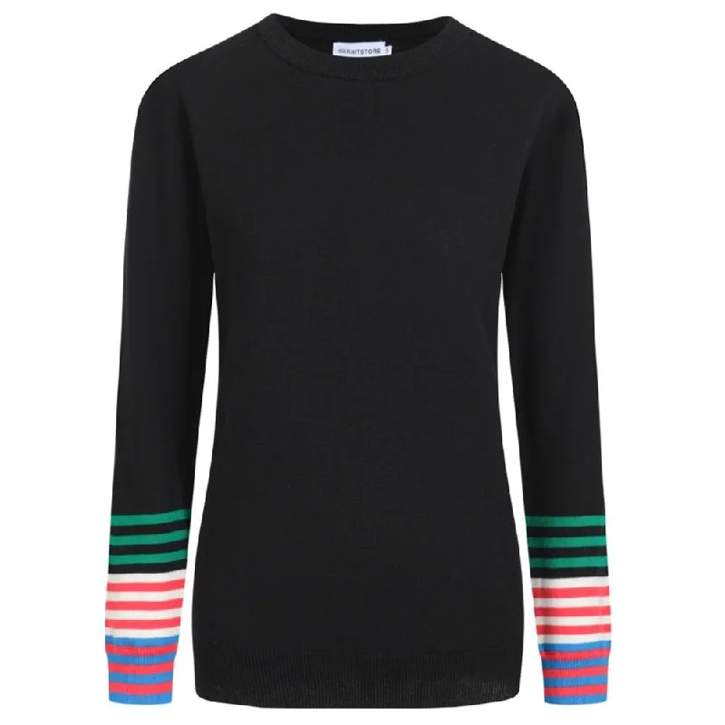 women's tops for boho-chic stylesWomen's black striped knitted long-sleeved T-shirt