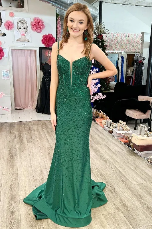 Formal Dress for Awards CeremoniesGreen Beaded Split Neck Mermaid Long Formal Dress