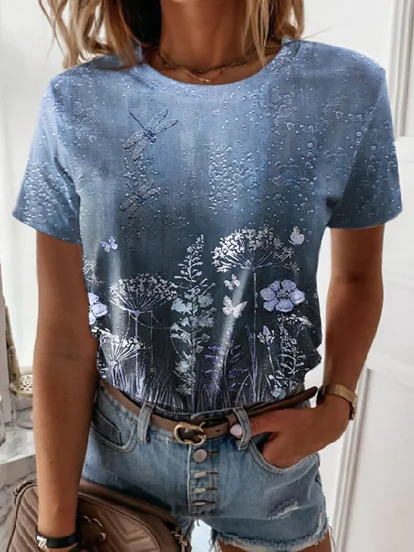 women's tops with lace-up frontsJuliaFashion - 2024 Women's Casual Holiday Weekend Floral Painting T Shirt