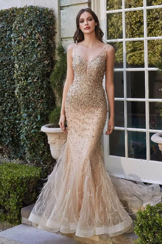 silk prom dressesLadivine B718 - Rhinestone Plunging V-Neck Prom Gown