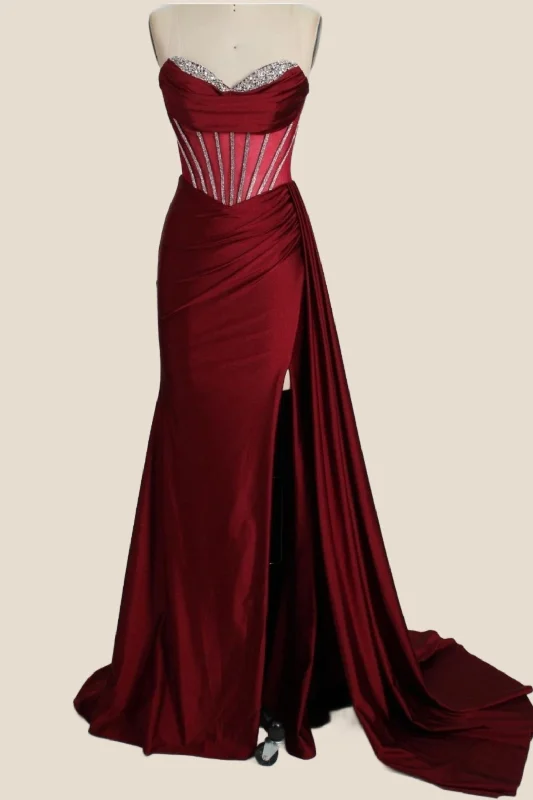 Formal Dress for Masquerade BallsBurgundy Beaded Corset Sheath Long Formal Dress