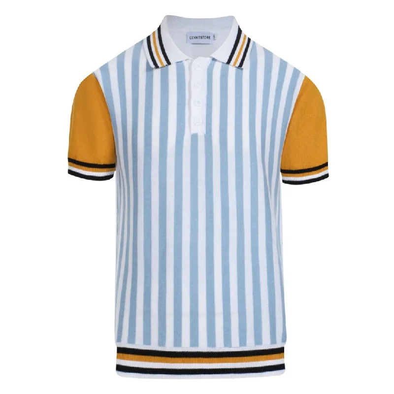 women's tops for vintage fashion enthusiastsMen's blue striped knit vintage polo shirt