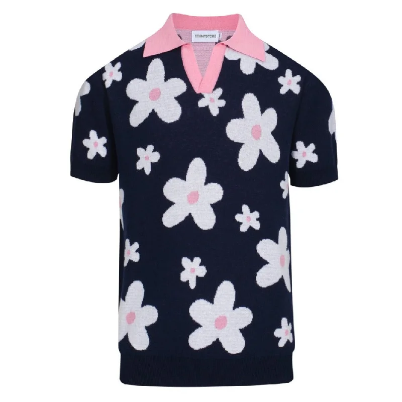 women's tops for wedding guest attireMen's dark blue floral V-neck knit Polo shirt