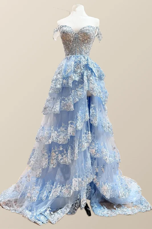 Formal Dress Shopping GuidesOff the Shoulder Light Blue Appliques Tiered Formal Gown