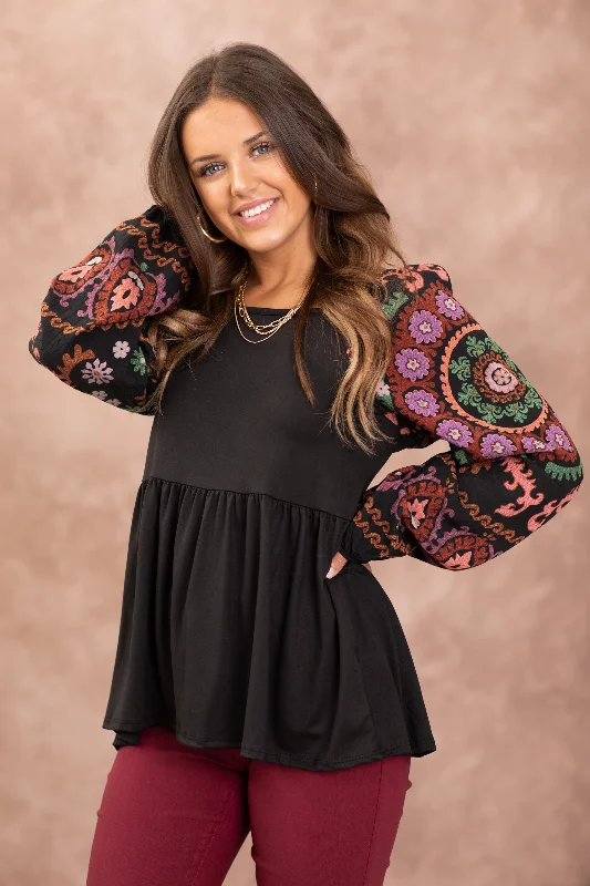 women's tops with flutter sleevesBlack Abstract Floral Print Sleeve Top