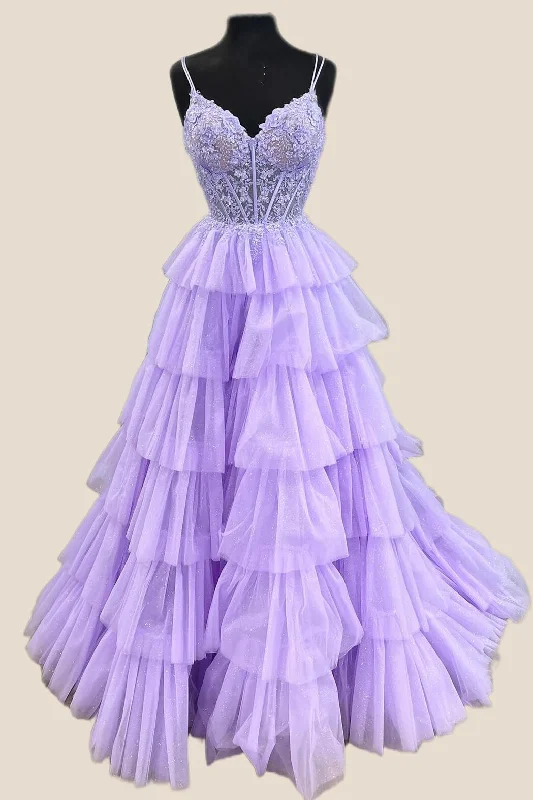 Formal Dress for Beach ThemesLilac Appliques and Tulle Tiered Ruffle Gown