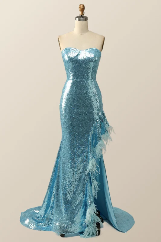 Formal Dress for Military BallsStrapless Blue Sequin Mermaid Long Formal Dress