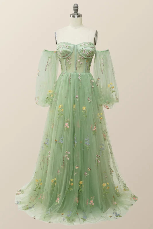 Formal Dress Trends 2023Soft Green Floral Embroidery Formal Dress