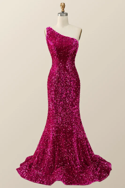 Formal Dress for Garden WeddingsFuchsia Sequin One Shoulder Mermaid Long Formal Dress