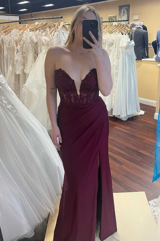 Formal Dress Shops in New YorkStrapless Burgundy Lace Mermaid Long Formal Dress with Slit