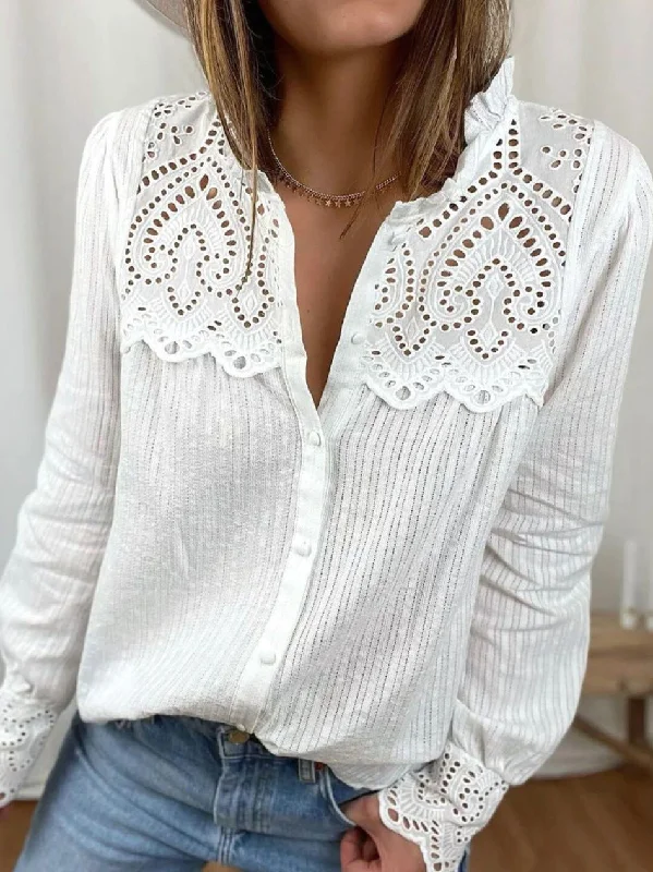 women's tops for vintage fashion enthusiastsJuliaFashion - 2024 Women Loose Cotton Lace Shirt Tops Casual Blouse