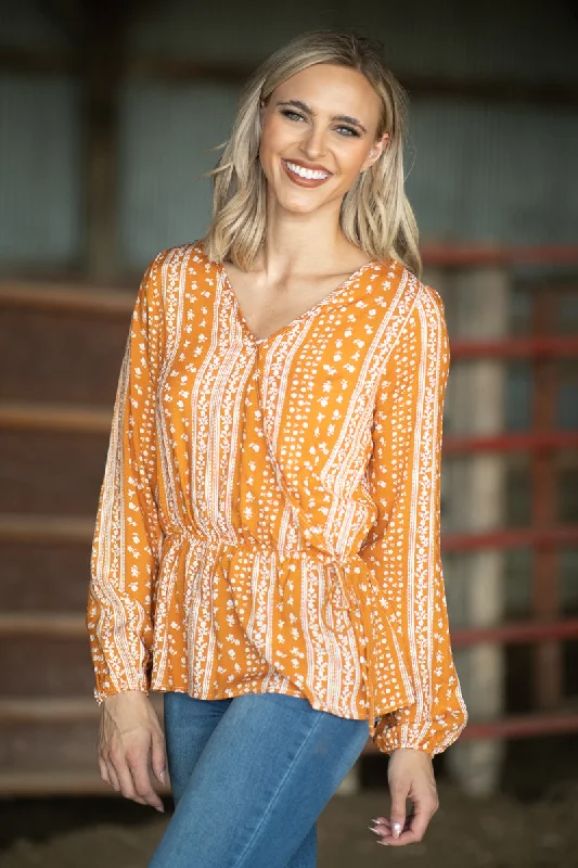 women's tops for those who want to show off their figure in a flattering wayOrange Floral Print Peplum Top