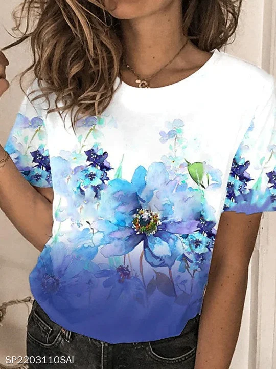 women's tops with spaghetti straps and deep V-necksJuliaFashion - 2024 Women's Casual Floral Short-sleeved Round Neck T-shirt