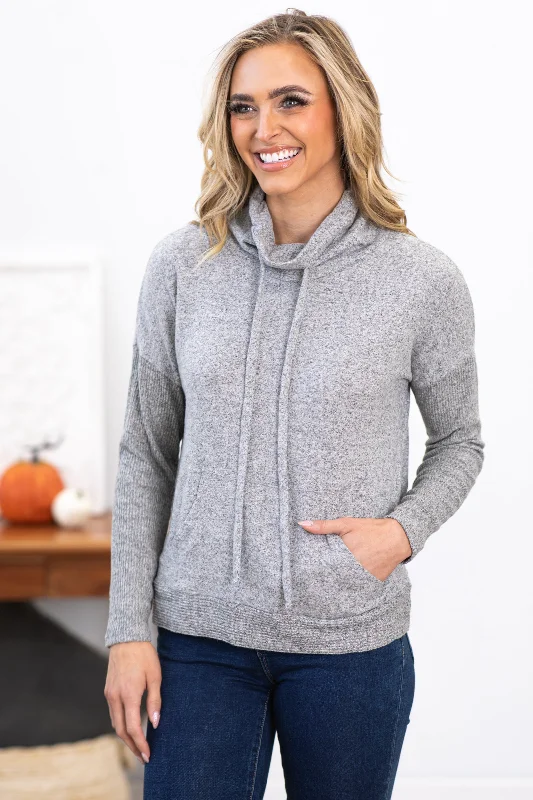 women's tops for cozy nights inLight Grey Cowl Neck Top With Kangaroo Pocket