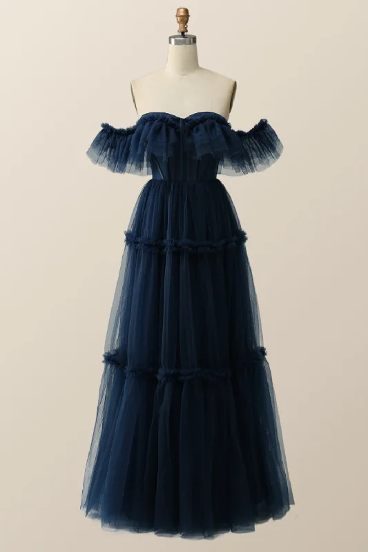 Formal Dress for Emmy AwardsOff the Shoulder Navy Blue Tulle Formal Gown