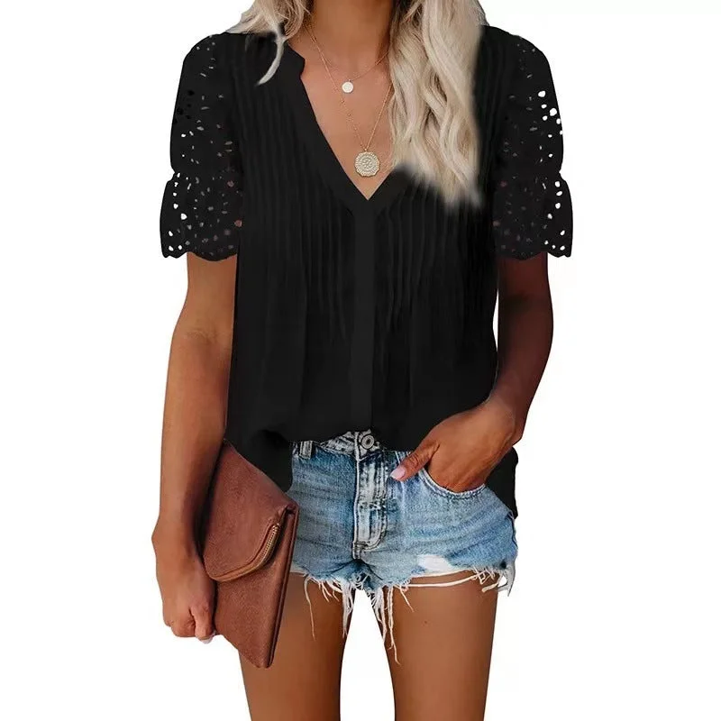 women's tops for statement-making outfitsJuliaFashion - 2024 Women Casual Loose V-neck Pleated Lace Stitch Short-Sleeved Top