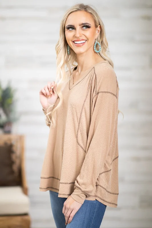 women's tops for those who love to experiment with fashionTaupe Contrast Seam V-Neck Top