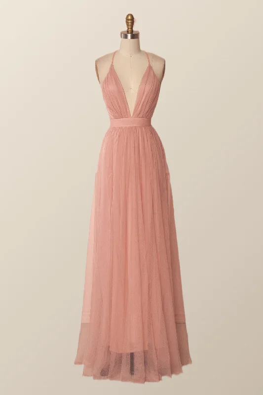 Formal Dress for QuinceañerasPlunge Pink Tulle A-line Long Formal Dresss