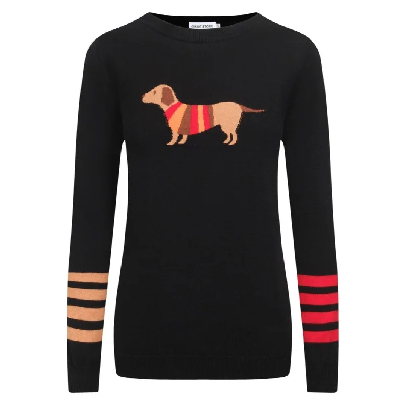 women's tops for those who love bold and vibrant colorsWomen's black dachshund jacquard knit top