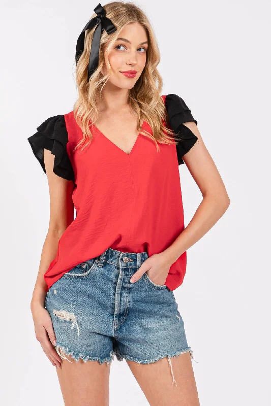 women's tops for those who love to shop for unique findsGame Day Contrast V-neck Flutter Sleeve Top