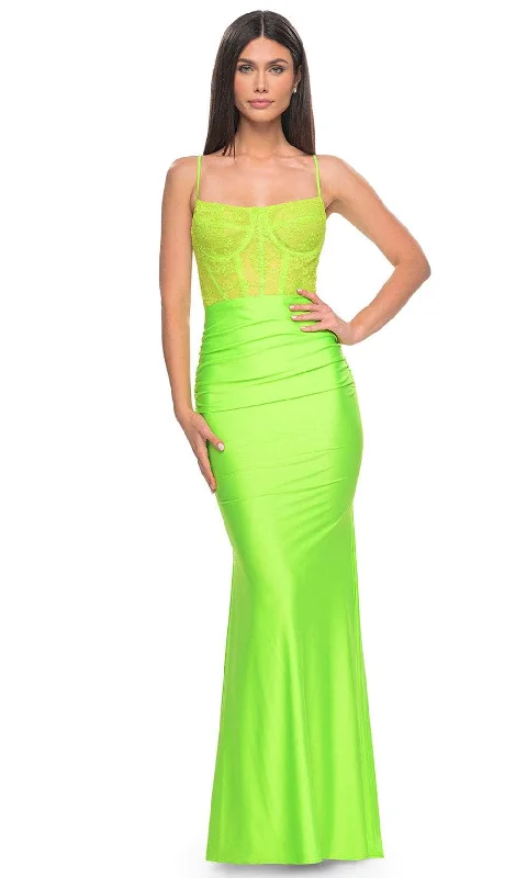 prom dresses with trainsLa Femme 32322 - Fitted Lace Corset Bodice Prom Gown