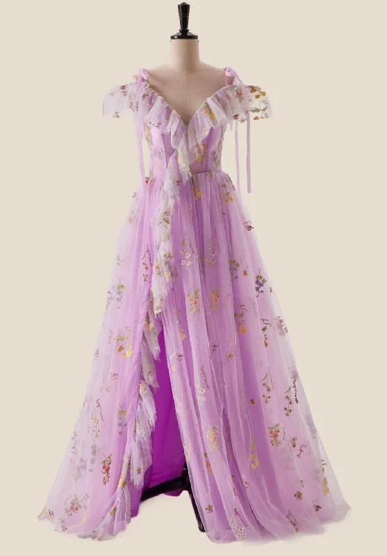 Formal Dress for Horse RacesOff the Shoulder Lilac Floral Ruffles Formal Dress