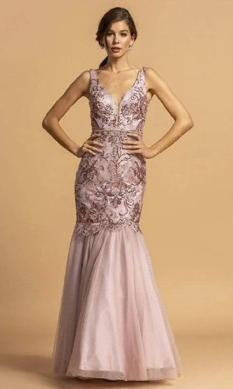 sleeveless prom dressesAspeed Design - L2203 Appliqued Trumpet Simple Prom Dress