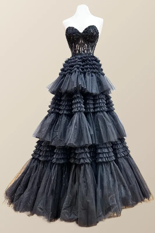 Formal Dress for Creative ThemesSweetheart Black Lace Appliques Tiered Long Formal Dress