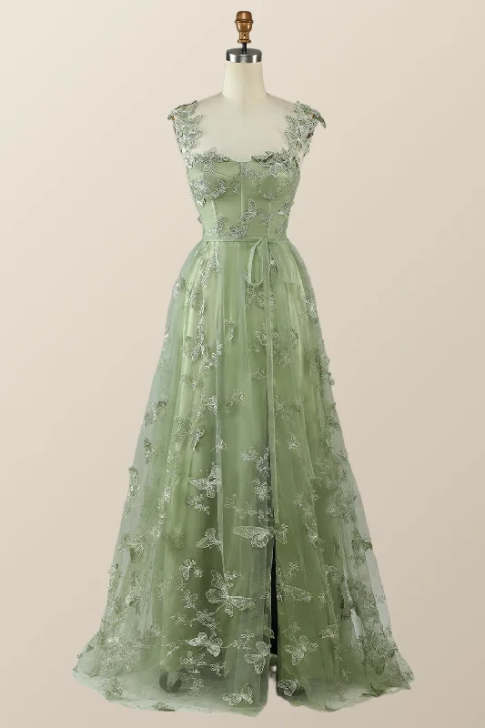 Formal Dress for Evening WeddingsSage Green Butterfly A-line Long Formal Dress