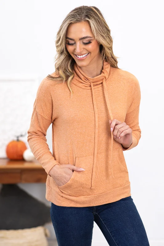 women's tops for boho-chic stylesOrange Cowl Neck Top With Kangaroo Pocket