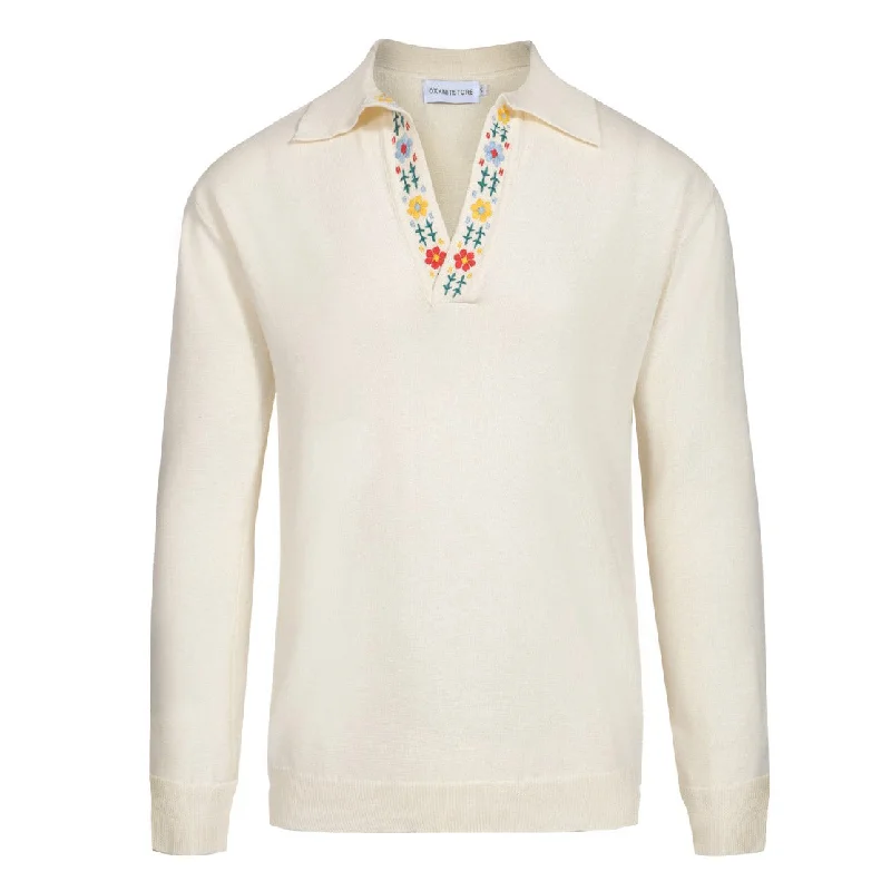 women's tops for fashion-conscious professionalsMen's white embroidered knit V-neck polo shirt