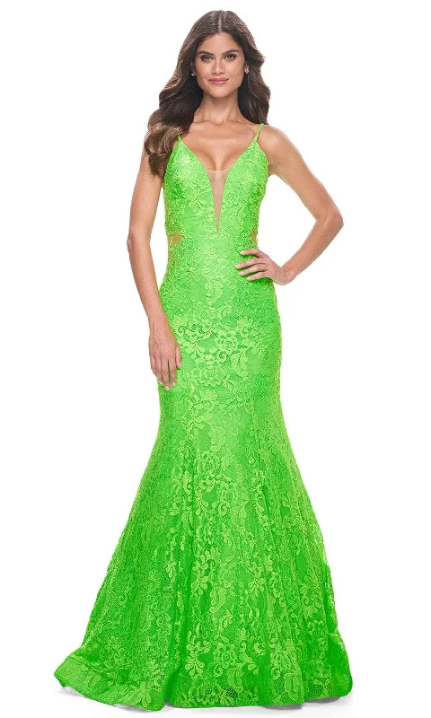 modern prom dressesLa Femme 32314 - Plunging Neckline Floral Lace Prom Gown