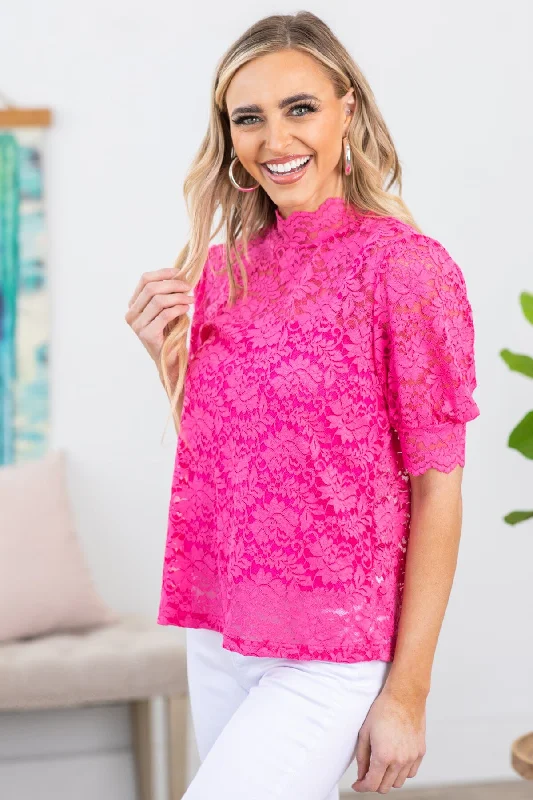 women's tops for statement-making outfitsHot Pink Lace Mock Neck Puff Sleeve Top