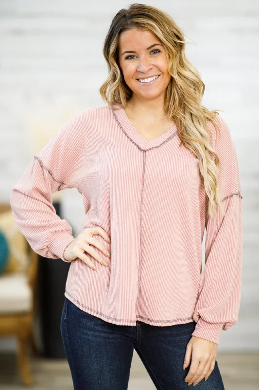 women's tops for those who appreciate subtle and muted tonesDusty Rose V-Neck Rib Knit Drop Shoulder Top