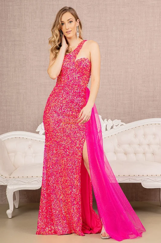 Formal Dress for Bohemian ThemesSequin One Shoulder Slit Gown by Elizabeth K GL3133