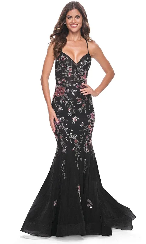 halter prom dressesLa Femme 32246 - Lace-Up Back Mermaid Prom Gown