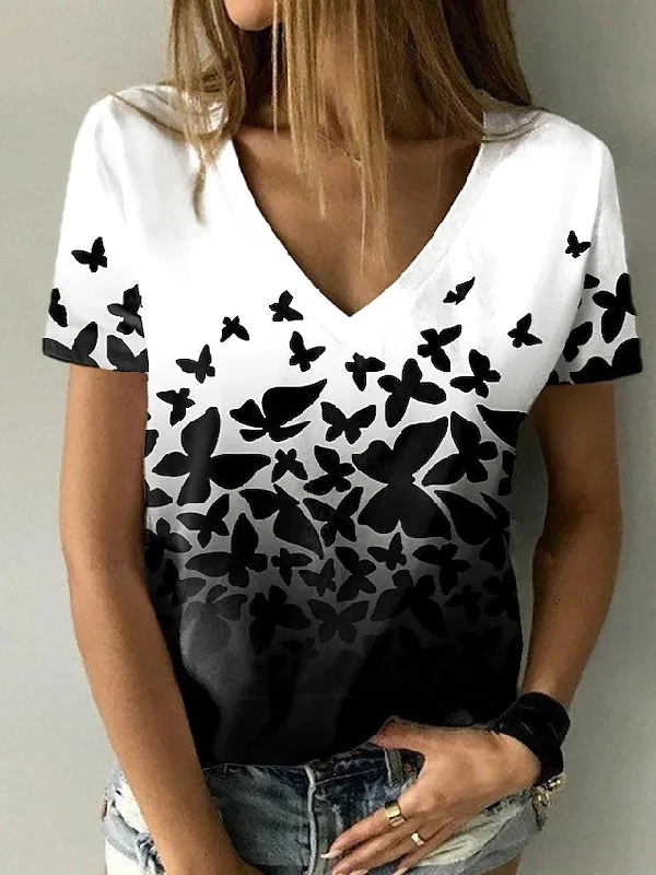 women's tops for summer festivalsJuliaFashion - 2024 Women Sumerm Casual Drawing Butterfly Print V-Neck T-Shirt