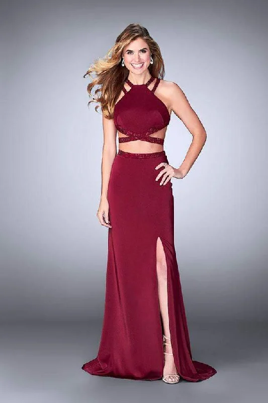 maxi prom dressesLa Femme - Two Piece Beaded Strappy Halter Prom Gown 24420SC