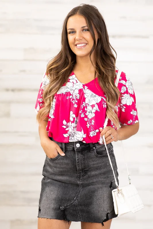 women's tops that offer a perfect blend of style, comfort, and affordabilityHot Pink and White Floral Print V-Neck Top