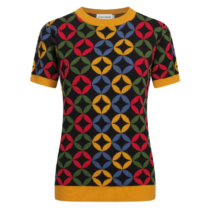 women's tops with beading accentsWomen's Colorful Knitted T-shirt With Geometry