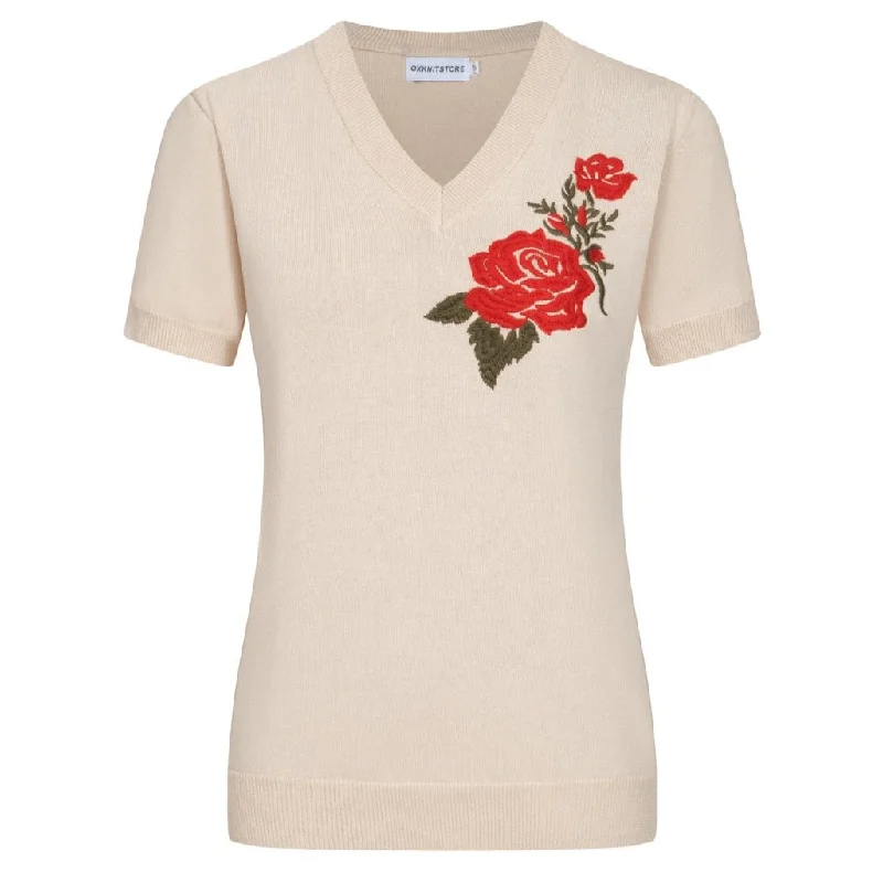 women's tops with asymmetrical designsWomen's khaki knitted V-neck embroidered T-shirt