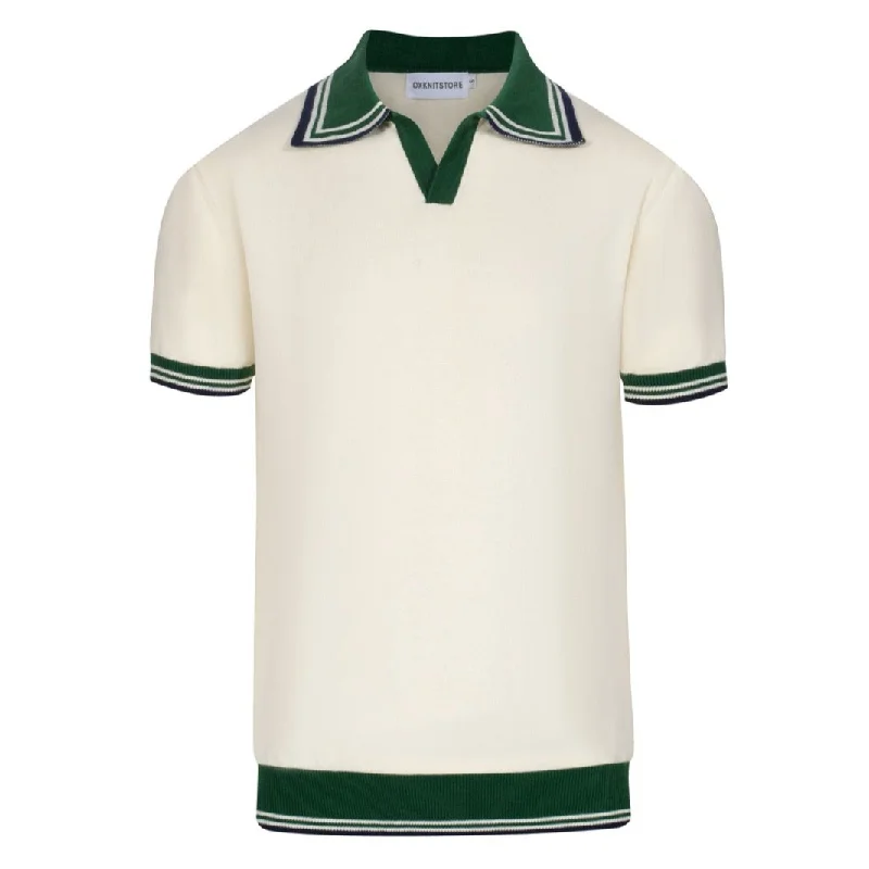 women's tops with cinched waistsMen's white and green V-neck spiked knit polo shirt