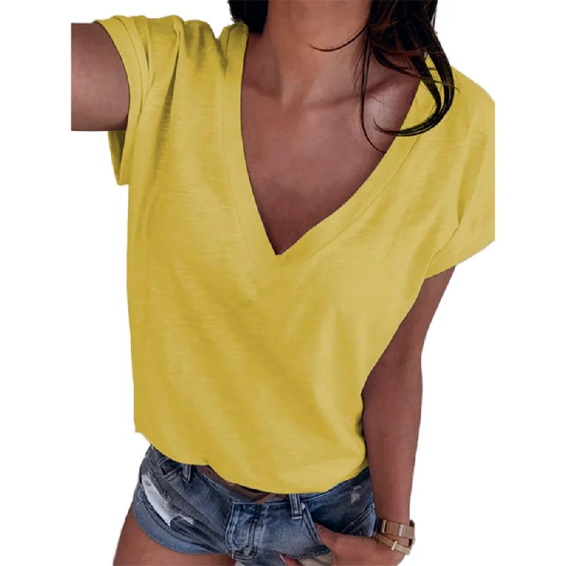 women's tops for cocktail partiesJuliaFashion - 2024 Women Casual V-Neck Solid Color Short Sleeves Top