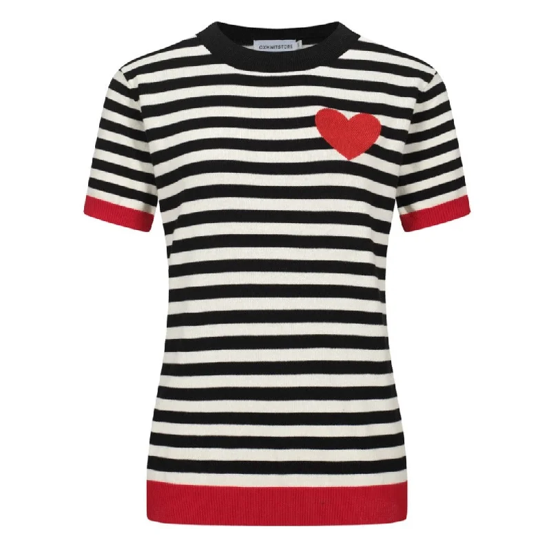 women's tops made from cottonVintage knit T-shirt for women with black stripes and hearts