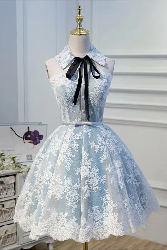 Formal Dress for EveningsLight Sky Blue Halter Homecoming Dress with Lace Appliques, Cute Short Formal Dress M1733